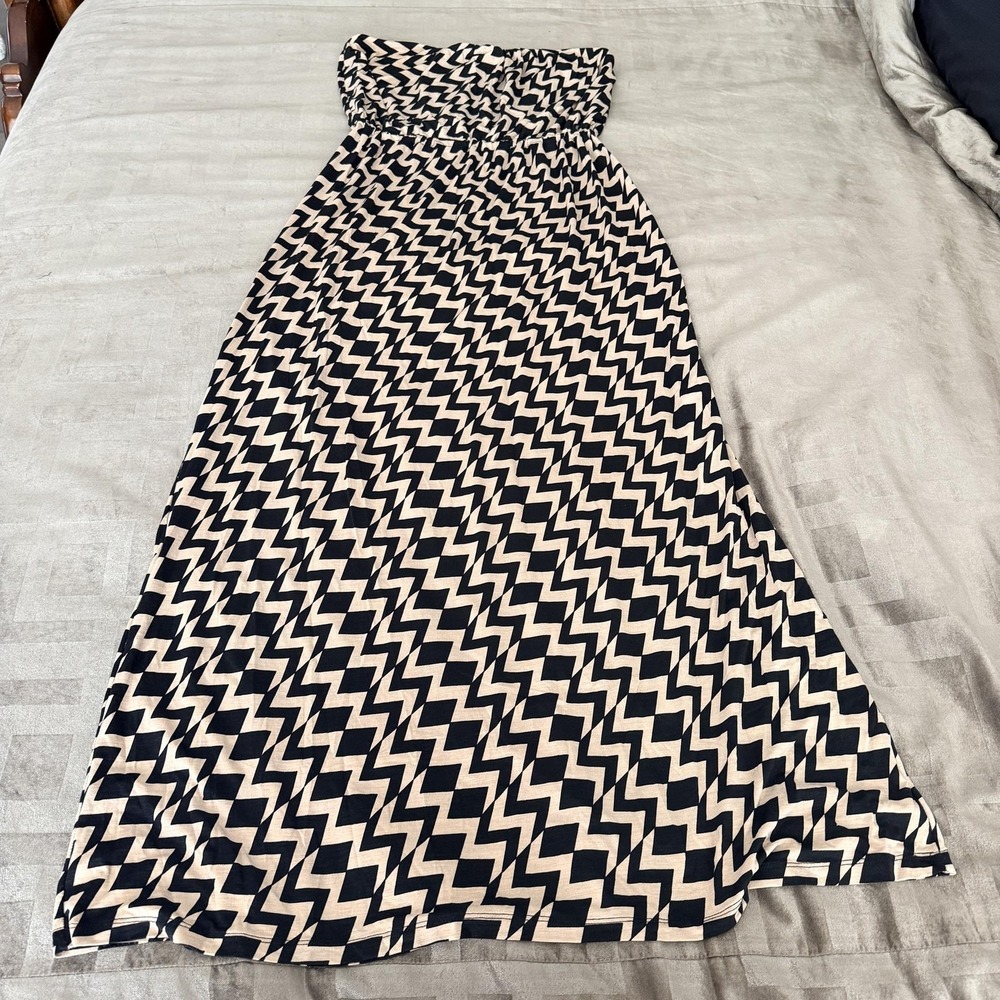 Chevron Maxi Dress Womens Large Black Beige Strapless Lined Boho Sundress Summer